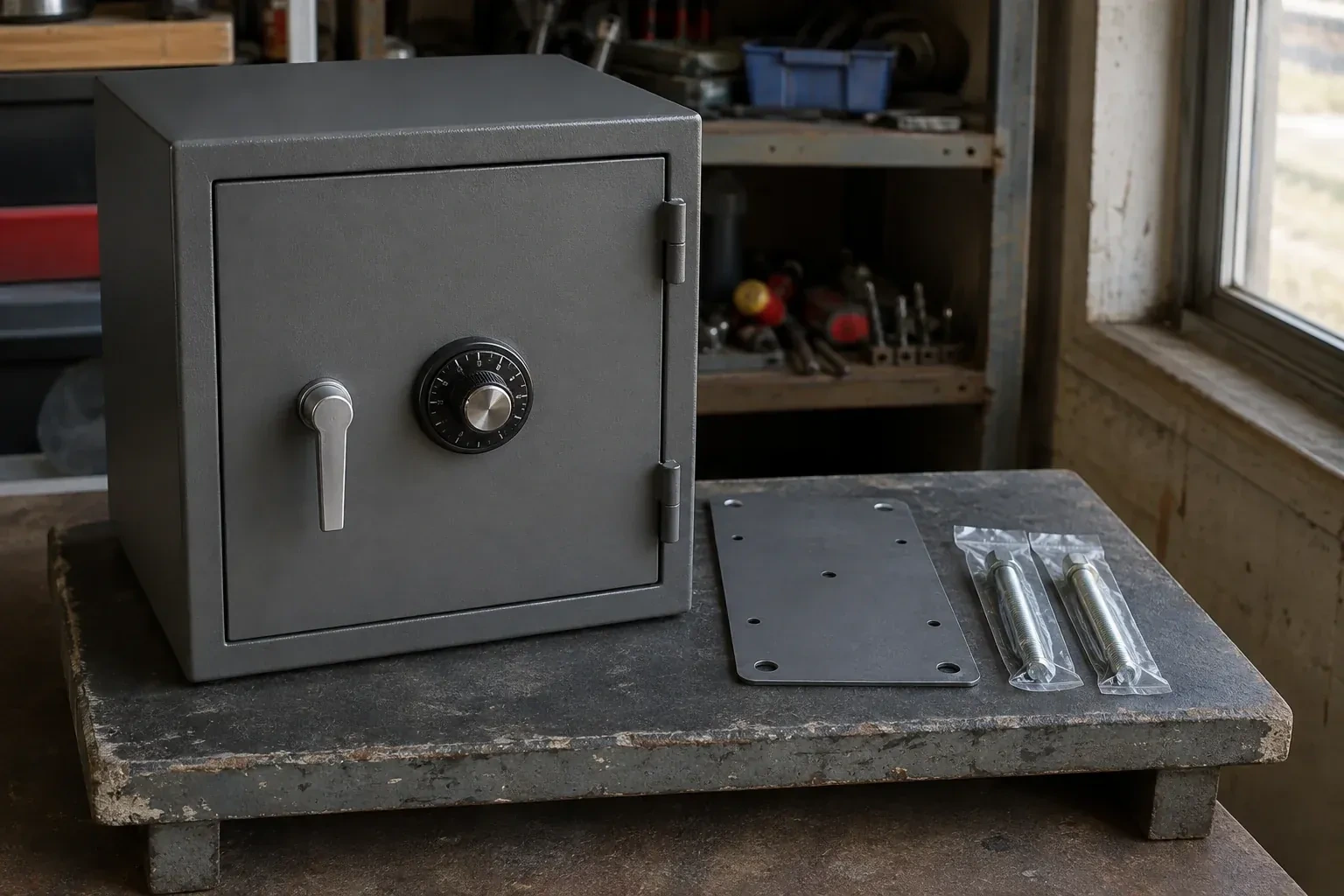 Closed small safe beside a metal plate and packaged fasteners on a workshop bench. — Safe Installation & Servicing, Sunnyside