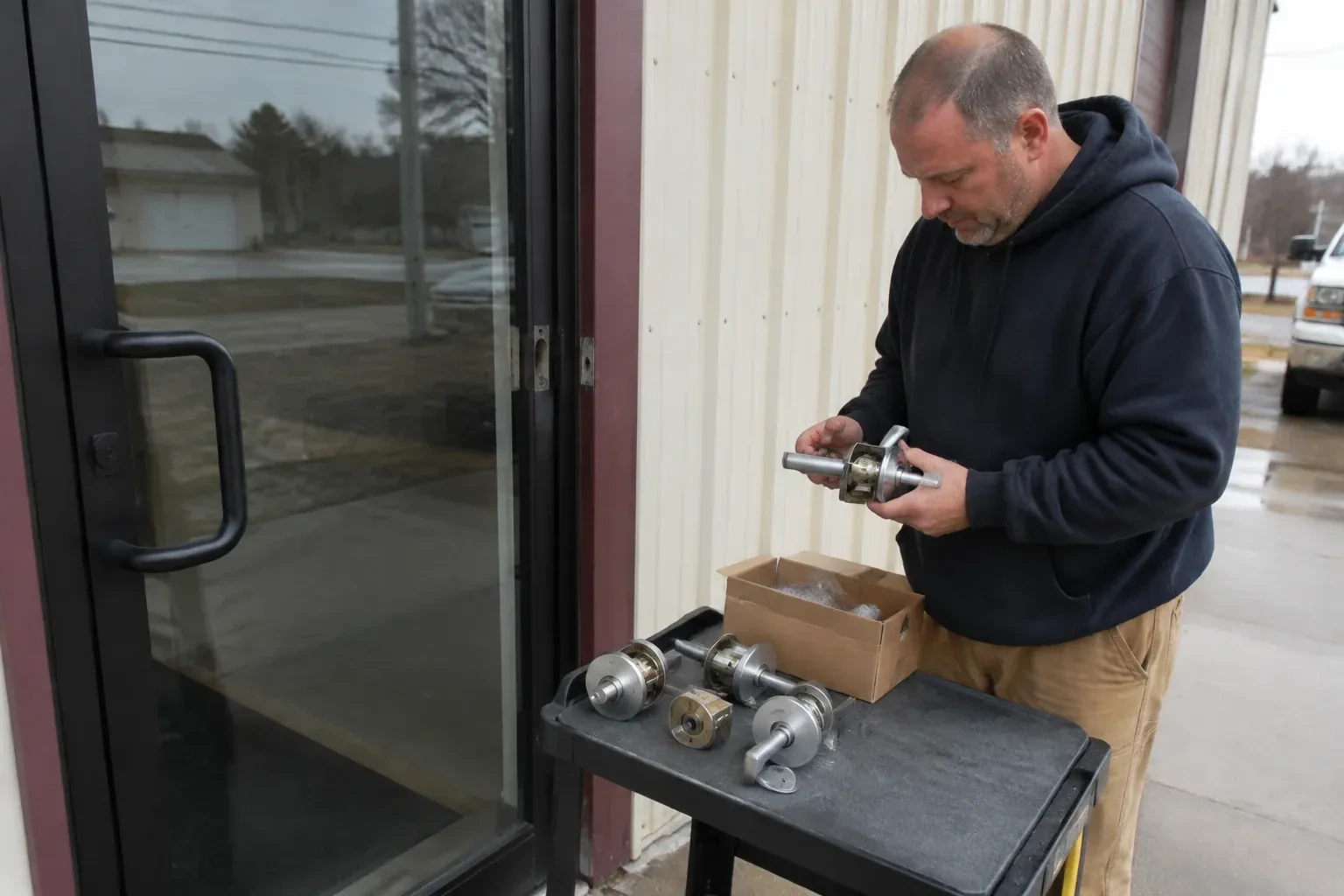 Person holding a door-handle assembly beside a glazed entrance, with more handle and lock components on a cart. — Commercial-Grade Lock Replacement, Toronto