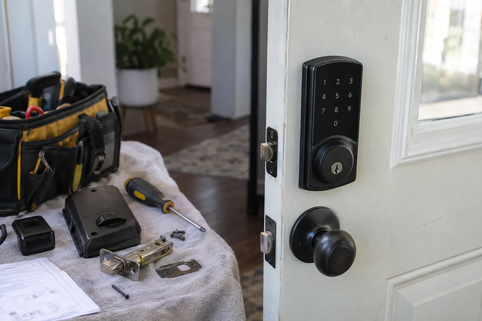 White door with a black keypad deadbolt and knob, beside a towel holding a lock body, latch, screwdriver and a tool bag. — High Park