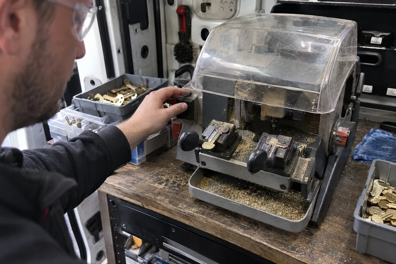 Person in safety glasses reaching for a key-cutting machine with a clear cover, beside trays of brass key blanks. — Spare Car Key Duplication, Parkdale