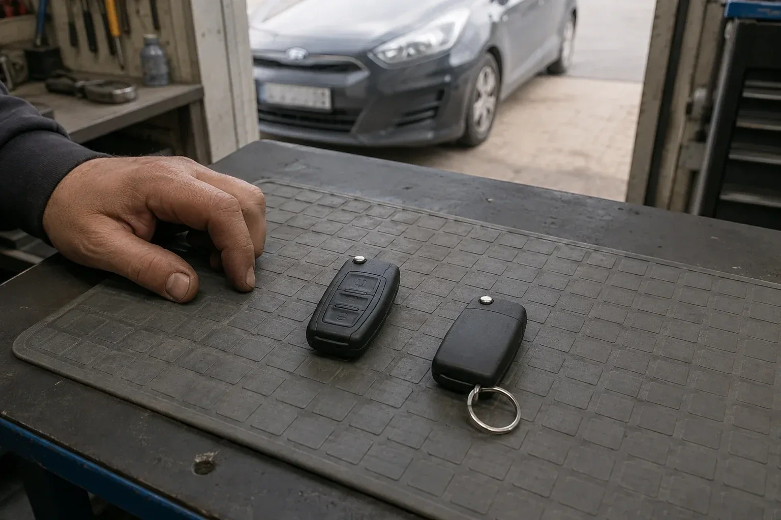 Two vehicle remote fobs on a work mat beside a technician’s hand, with a parked car beyond. — Key Fob Programming, Swansea